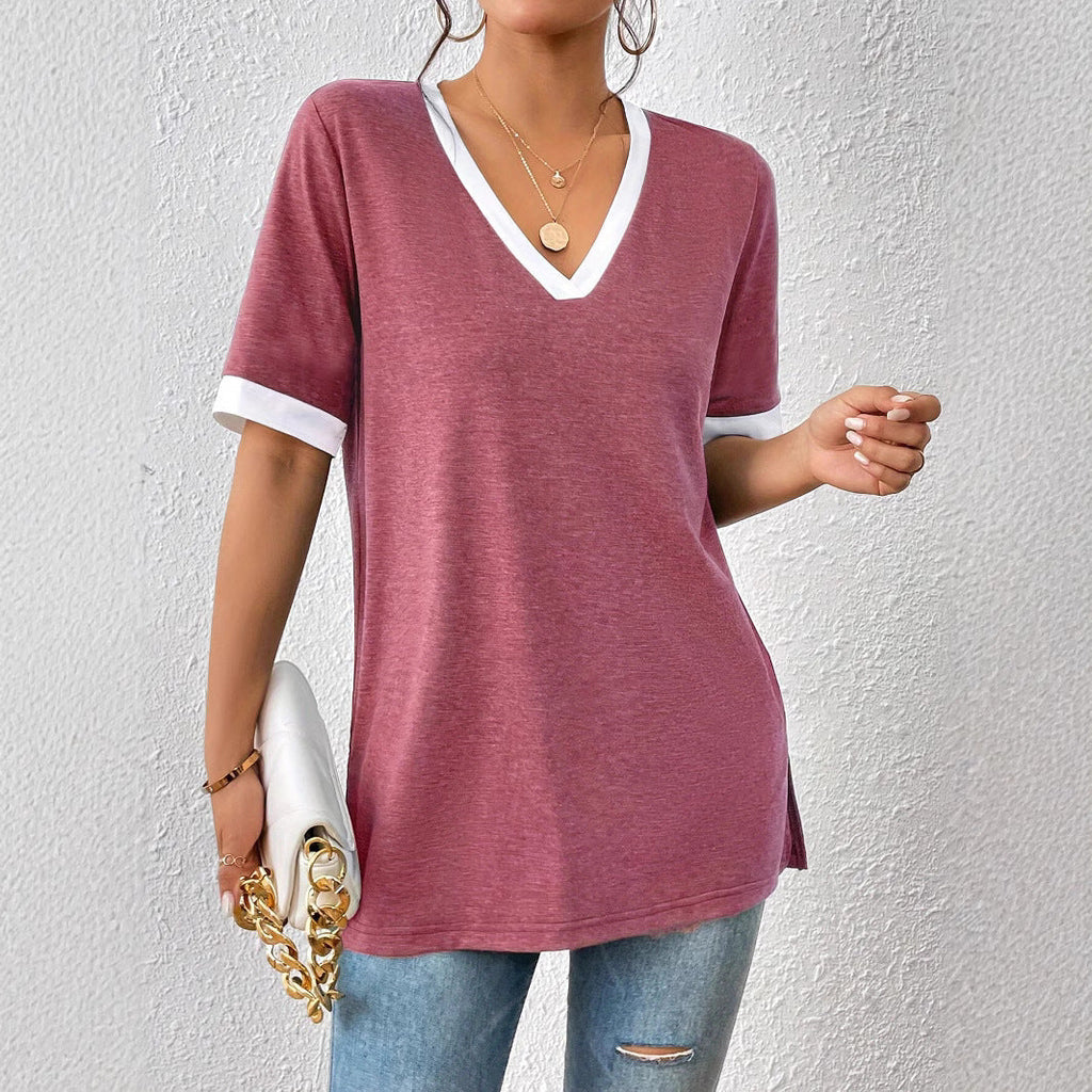 Women's V-neck shirt with contrast sleeves and comfortable fit, size