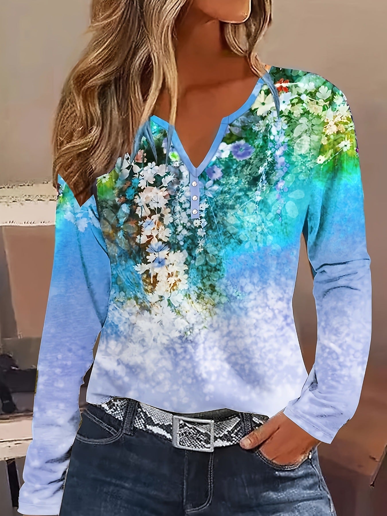 Valenzora | Florales Langarmshirt mit Rundhalsausschnitt