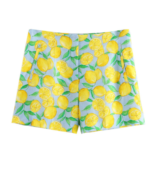 Women's fabric shorts with a cheerful lemon print and side pockets, size Valenzora