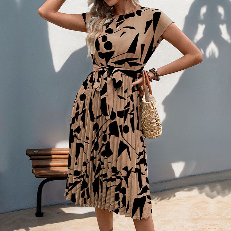 Women's midi dress with trendy geometric pattern mix and adjustable belt, size S