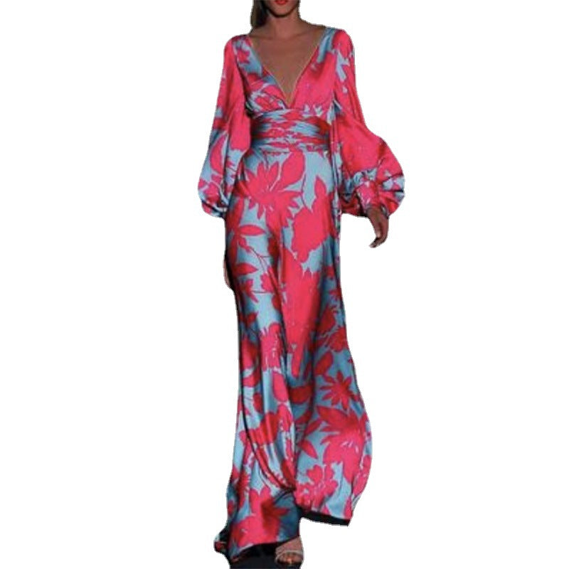 Damen Eleganter Maxi Jumpsuit mit Blumenmustern und tiefem V-Ausschnitt Größe