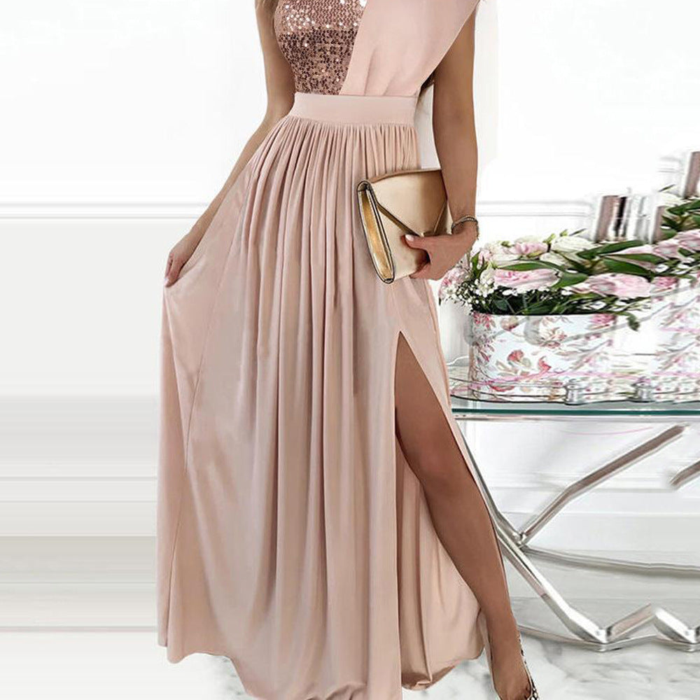 Elegantes Damenabendkleid mit asymmetrischem Oberteil und schimmerndem Rock, Größe