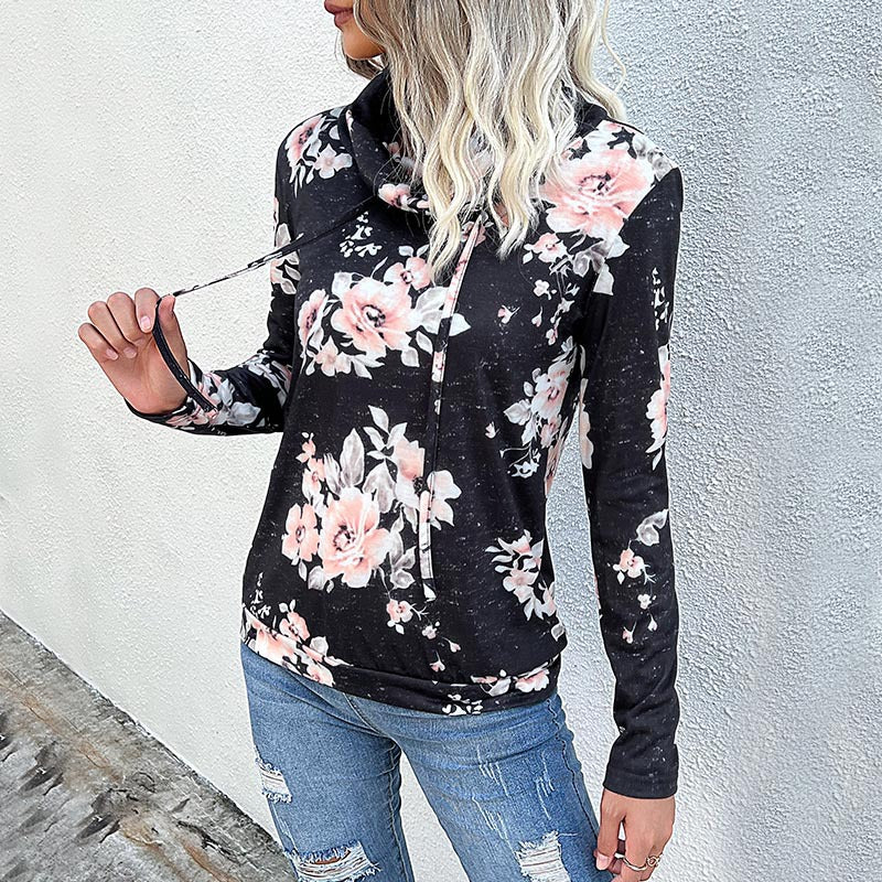 Women's hooded sweatshirt with floral pattern and modern roll neck, size