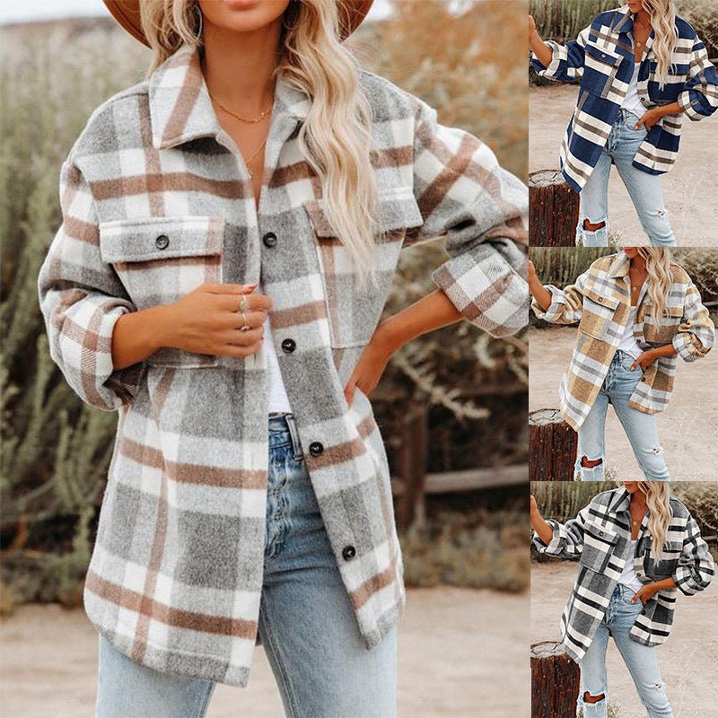 Women's checked flannel jacket with a relaxed fit and patch pockets, size S