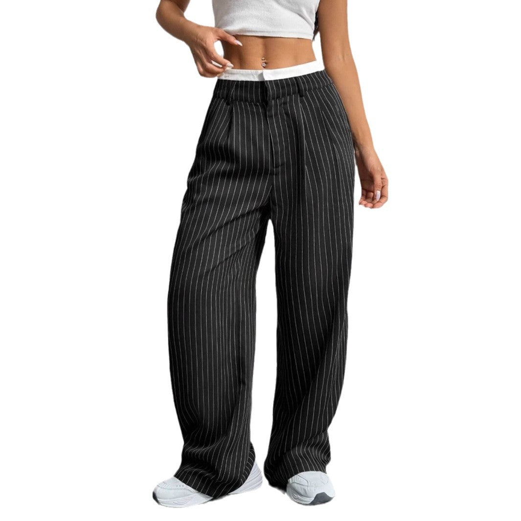Elegante Damen-Hose mit weitem Bein und Nadelstreifen, hoher Bund, Größe