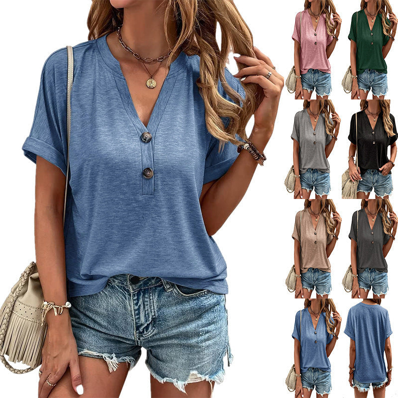 Damen Kurzarm-T-Shirt mit Knopfleiste und lässigem Schnitt, Größe