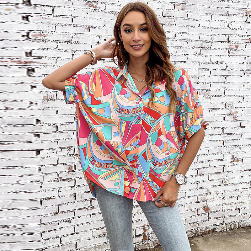 Damen-Bluse, bunt, mit geometrischem Muster und modischer Knopfleiste, Größe