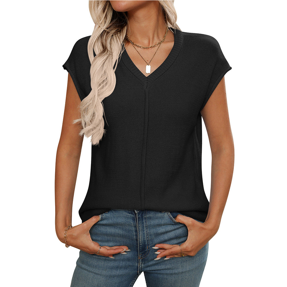Women's modern V-neck knit top with airy texture, size S