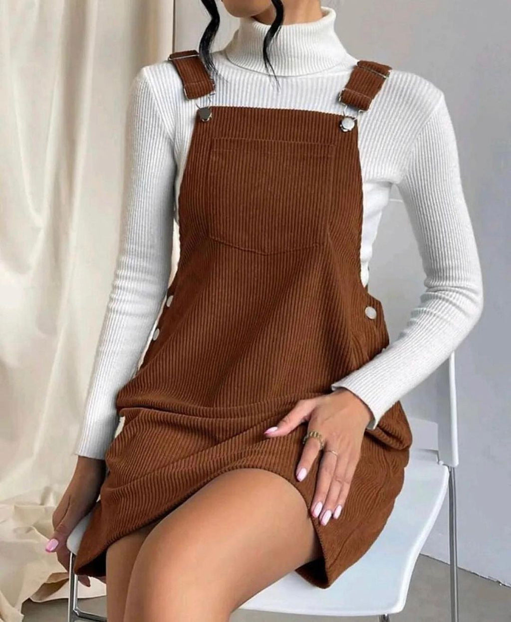 Women's corduroy pinafore dress with button details, size