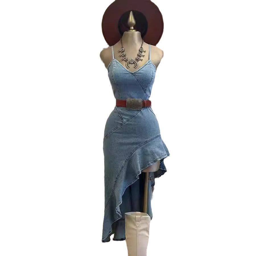 Valenzora | Ruffled hem denim split dress