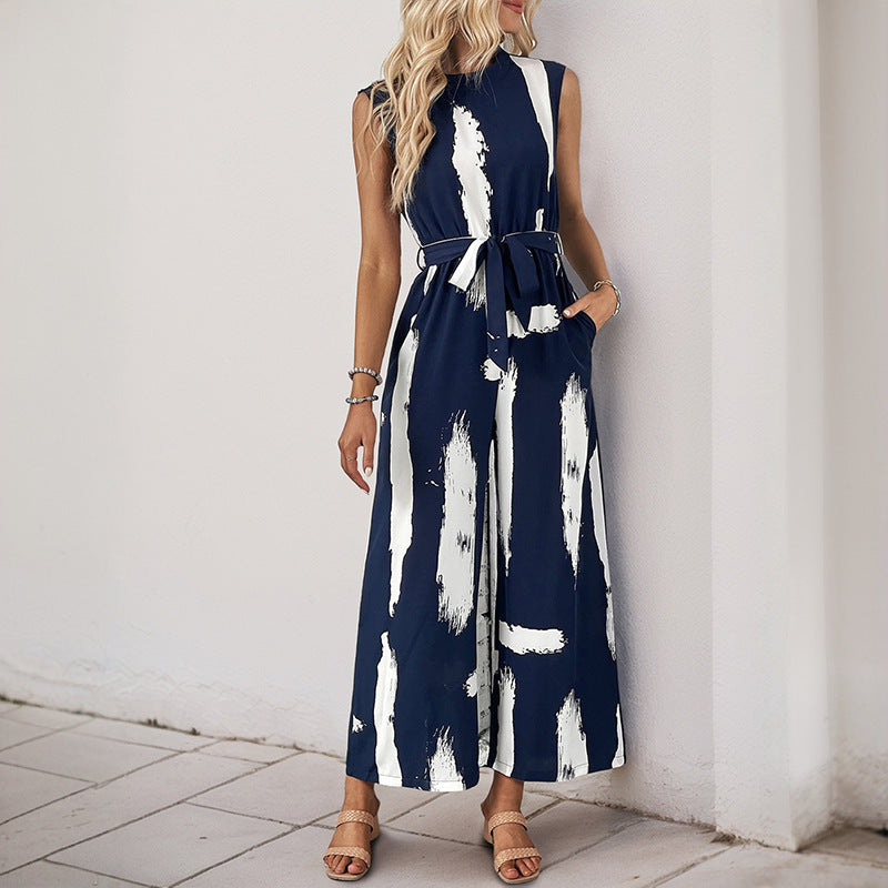 Women's jumpsuit with a modern striped pattern and practical tie belt, size