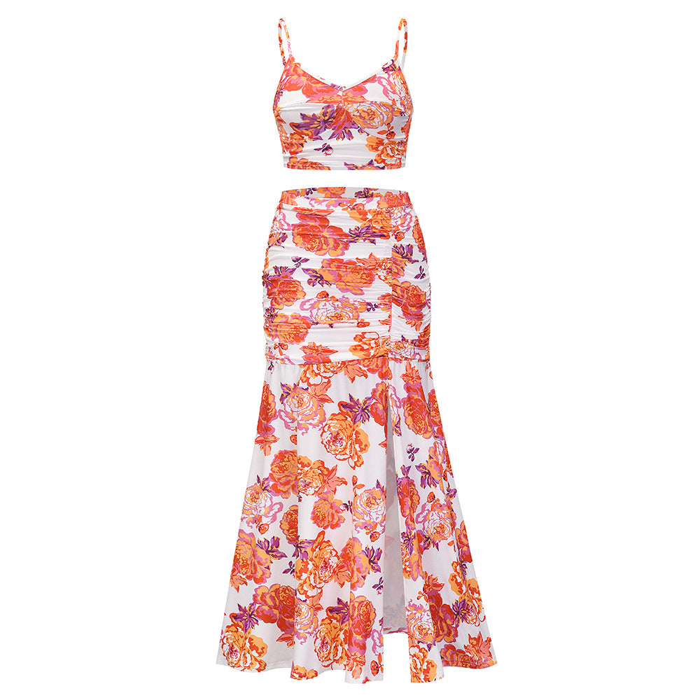 Valenzora | Spaghetti Strap Sleeveless Crop Top High Slit Long Skirt Set