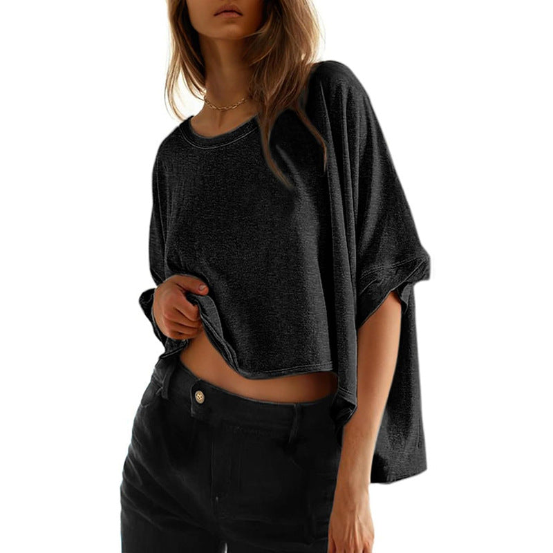 Women's casual cropped top with wide sleeves and round neckline, size
