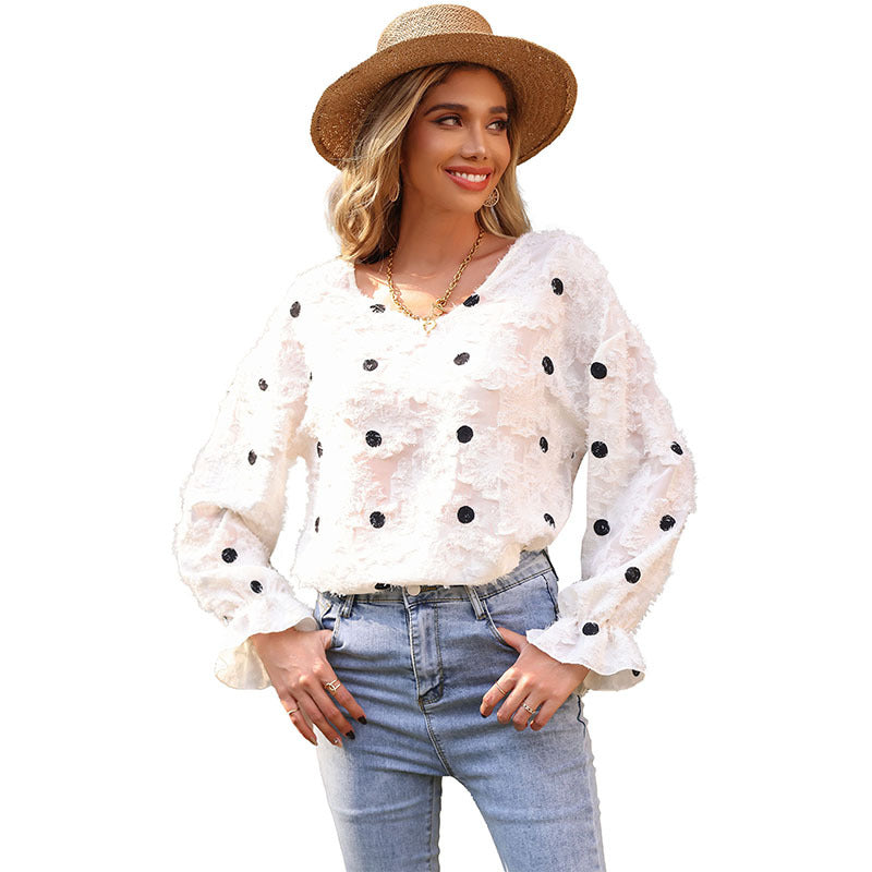 Women's blouse with decorative ruffle details and feminine lace texture, size