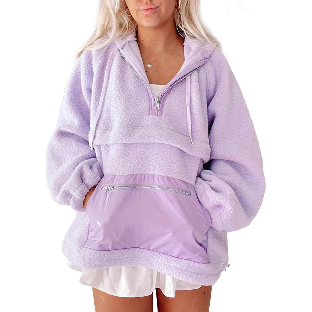 Women's fleece pullover with high collar and practical front pocket, size S