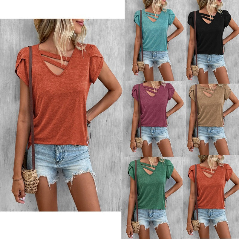 Damen-Freizeit-T-Shirt mit kurzen Ärmeln, einzigartigem Kreuzhals, Größe