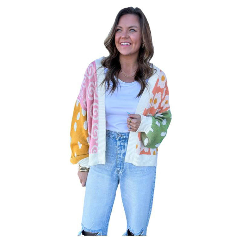 Women's patterned cardigan with a relaxed fit and colorful patterns, size [size missing]