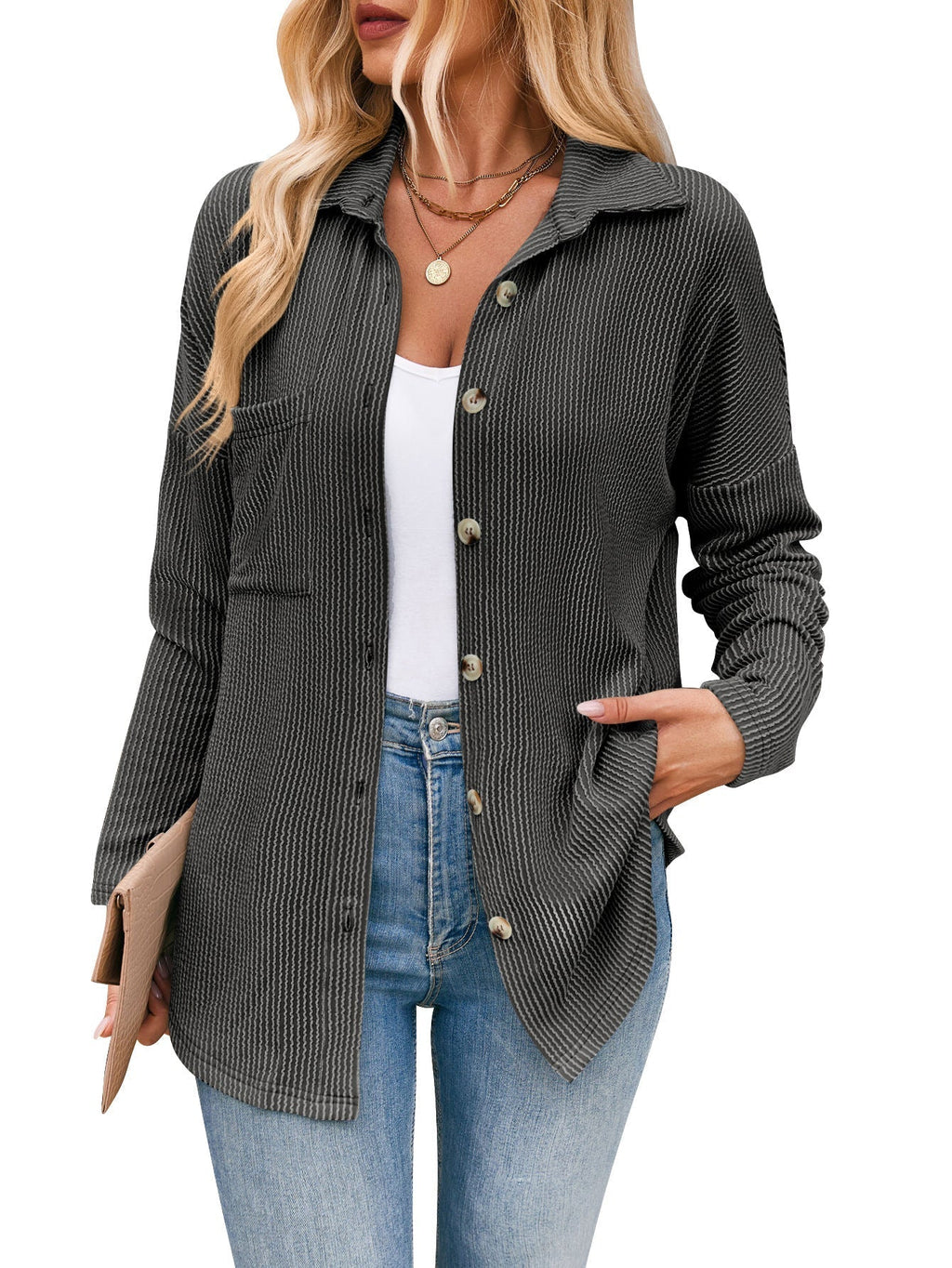 Women's casual cardigan with button placket, size