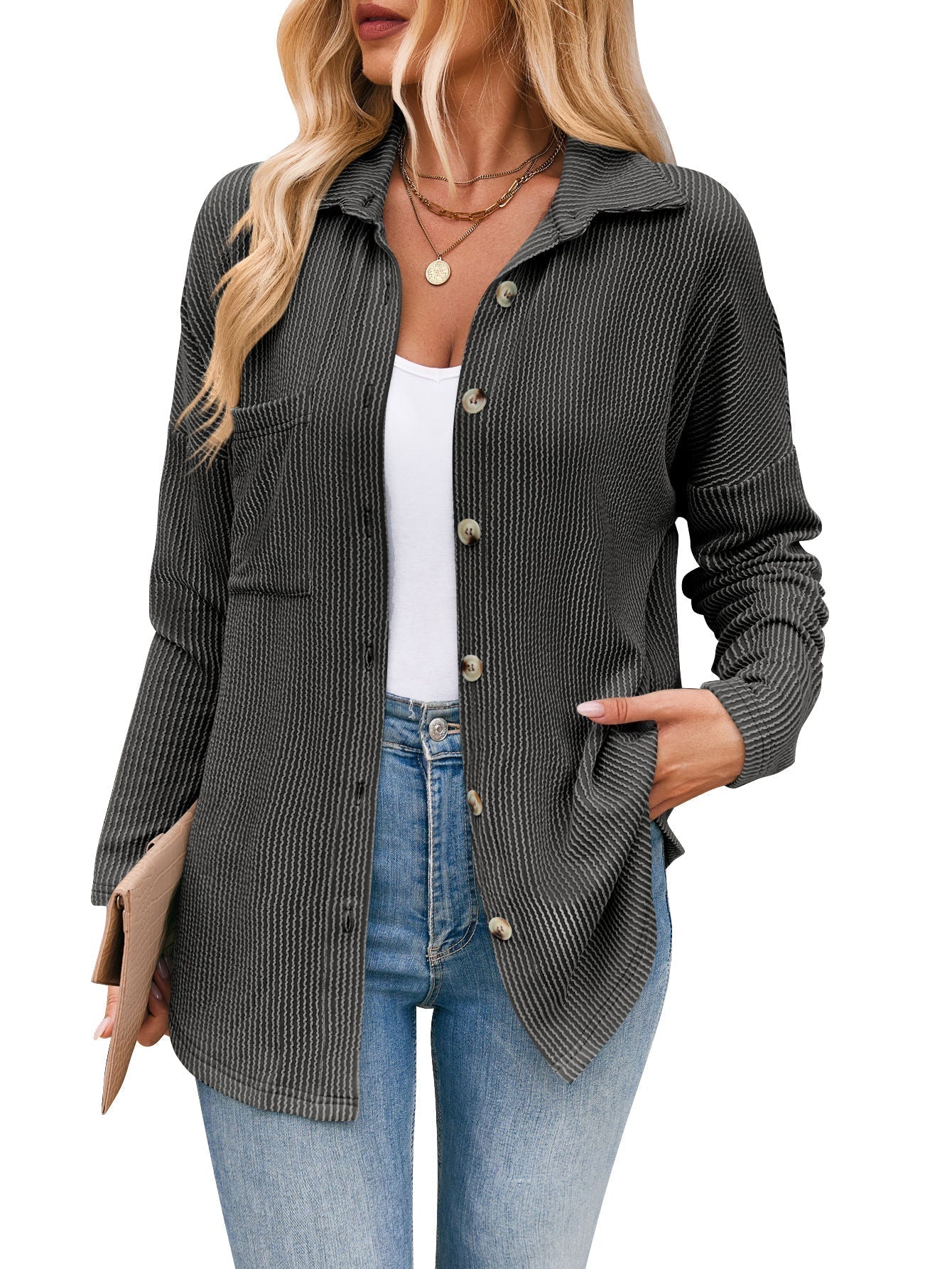 Women's casual cardigan with button placket, size