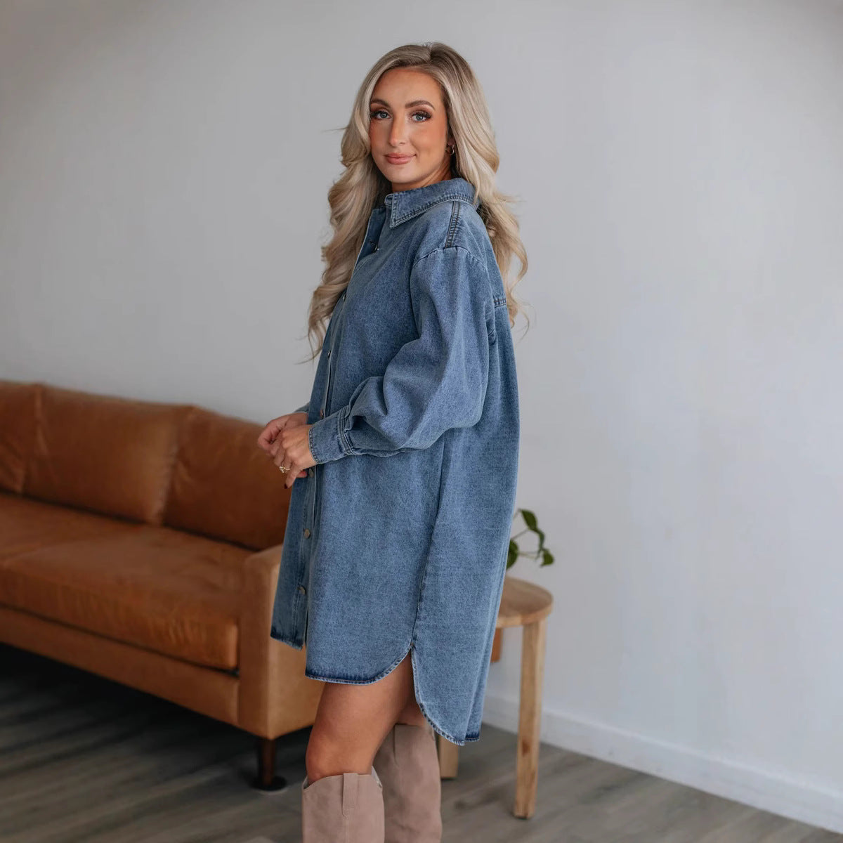 Women's Denim Shirt Dress with Exclusive Belt and Practical Drune Pockets