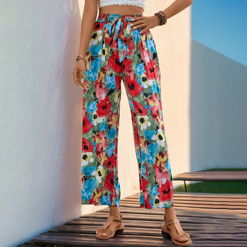 Damen-Sommerhose mit weitem Bein, farbenfrohem Blumenmuster und elastischem Bund, Größe [Größe fehlt]