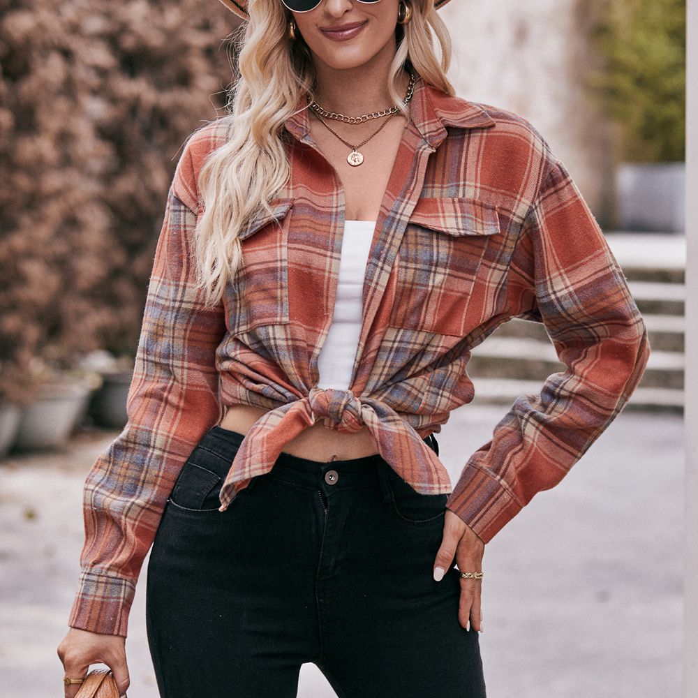 Women's checked shirt with button-up front design and casual knot detail, size Valenzora