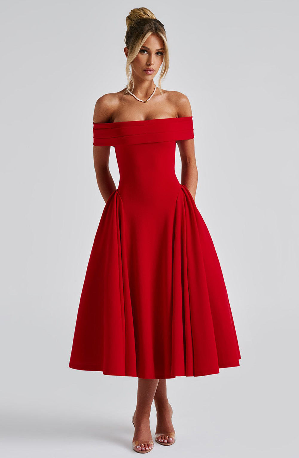 Women's elegant evening dress with off-the-shoulder design and voluminous skirt, size S
