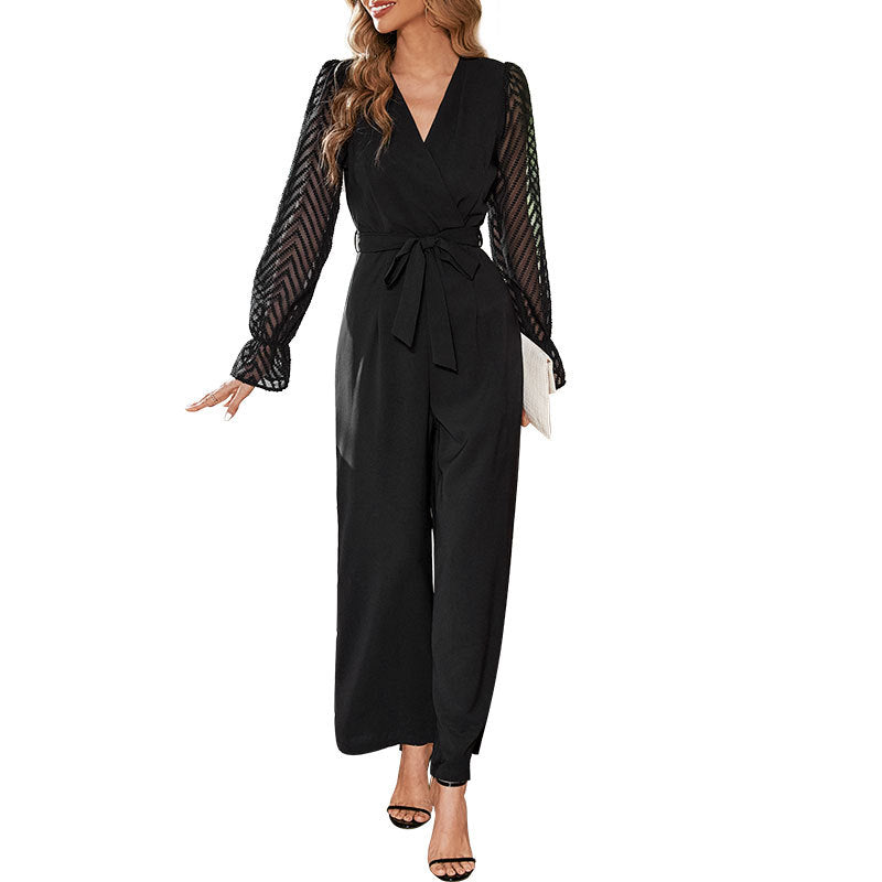 Eleganter Damen-Jumpsuit mit verstellbarem Taillengürtel und transparenten Ärmeln, Größe S