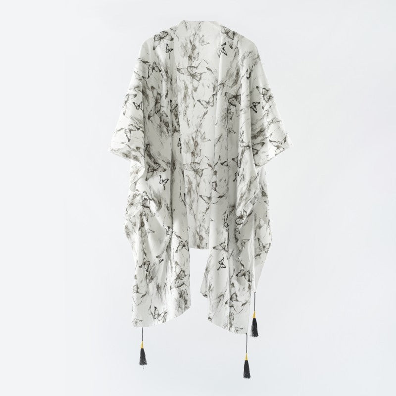Eleganter Damen-Kimono mit künstlerischem Blumenmuster und Fransen, Größe Valenzora