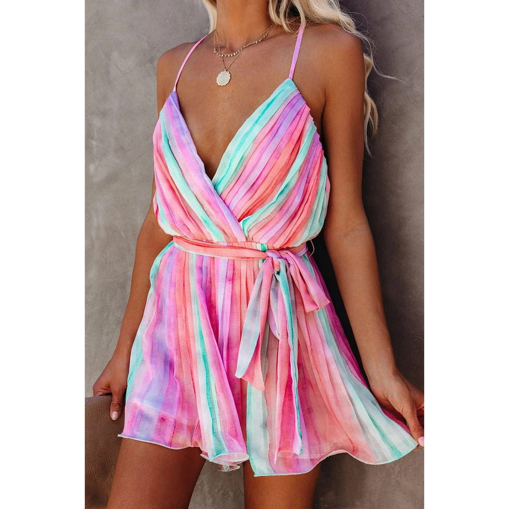 Valenzora | Spring Summer Strappy Pleated Chiffon Dress Home Lace-up Sexy V-Neck Chiffon Dress