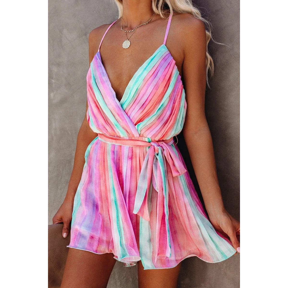 Valenzora | Spring Summer Strappy Pleated Chiffon Dress Home Lace-up Sexy V-Neck Chiffon Dress
