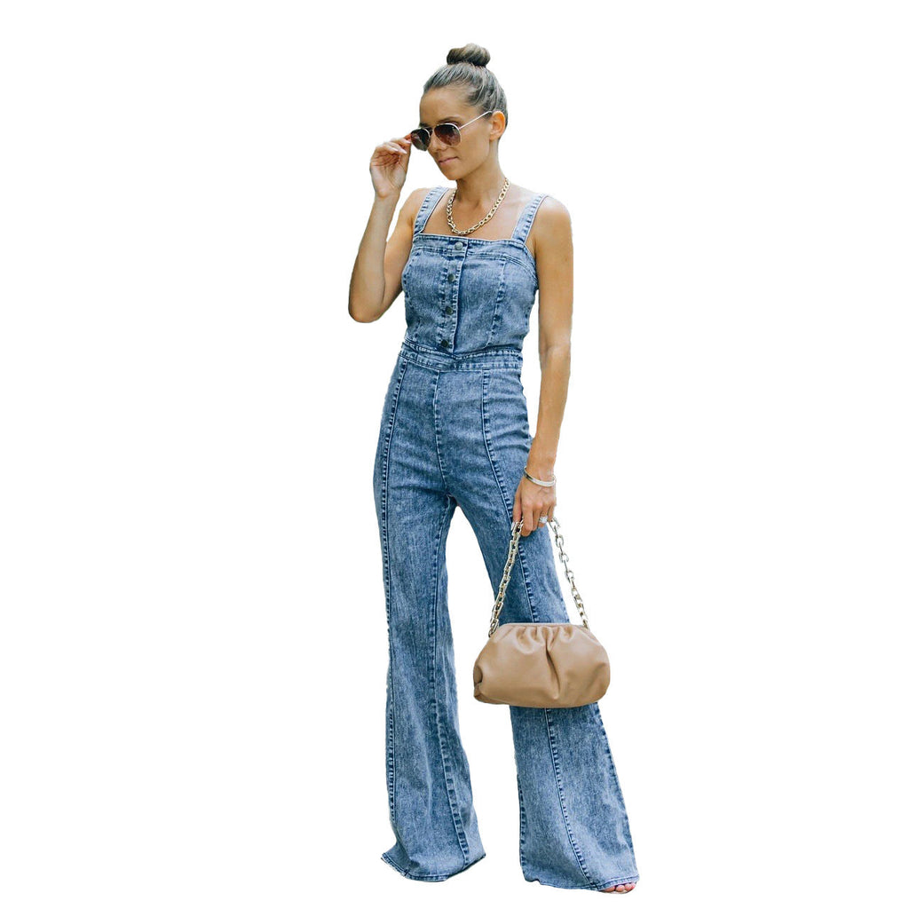 Damen-Overall im lässigen Denim-Look mit weitem Bein und Zierknöpfen, Größe S