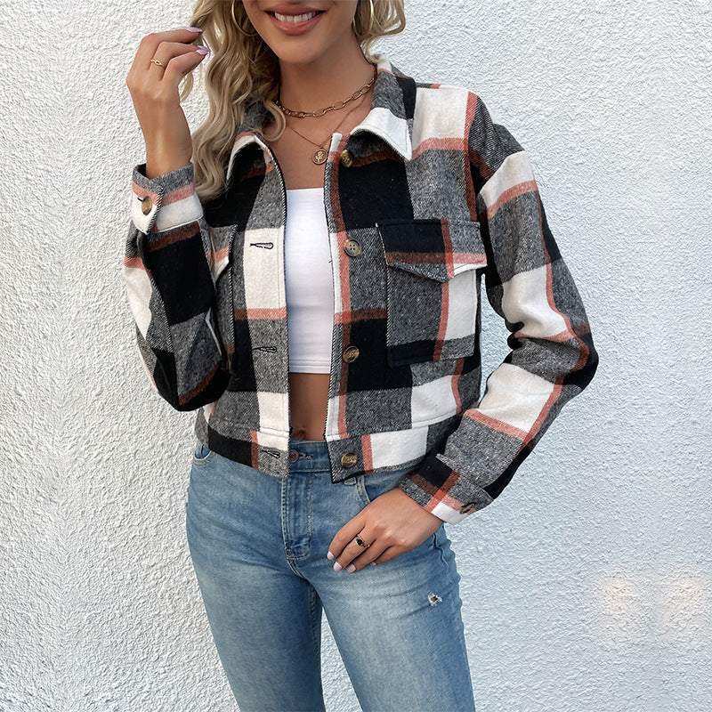 Women's checked blouson jacket with decorative buttons and chest pockets, size