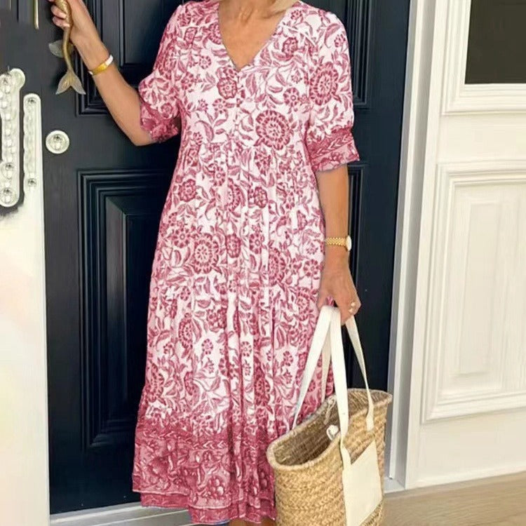 Valenzora | Langes floral bedrucktes Batik-Kleid mit Dreiviertelärmeln