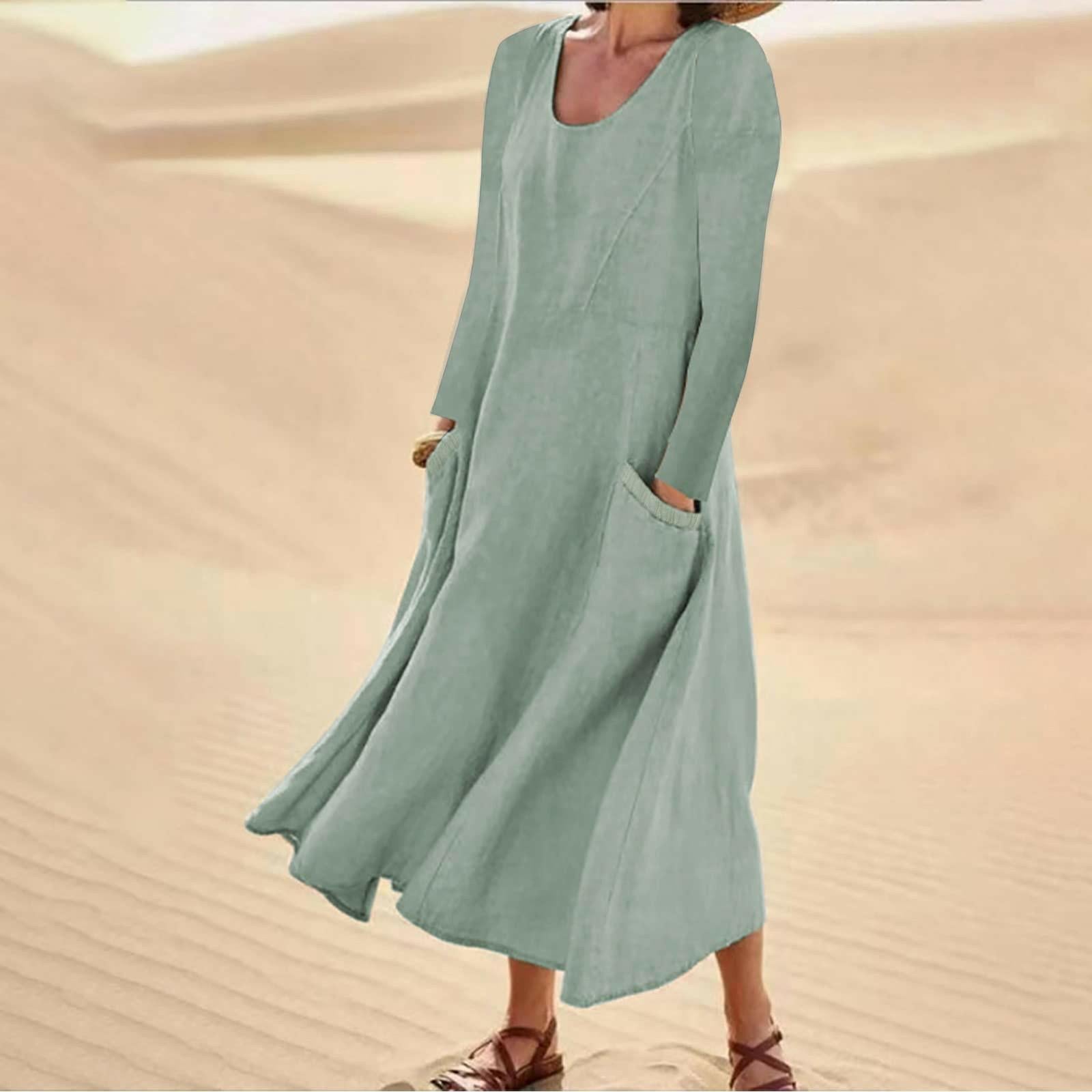 Valenzora | Einfarbiges Kleid mit langen Ärmeln und Rundhalsausschnitt