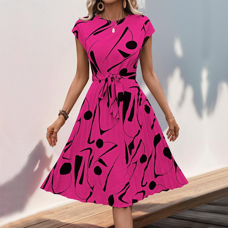 Women's midi dress with trendy geometric pattern mix and adjustable belt, size S