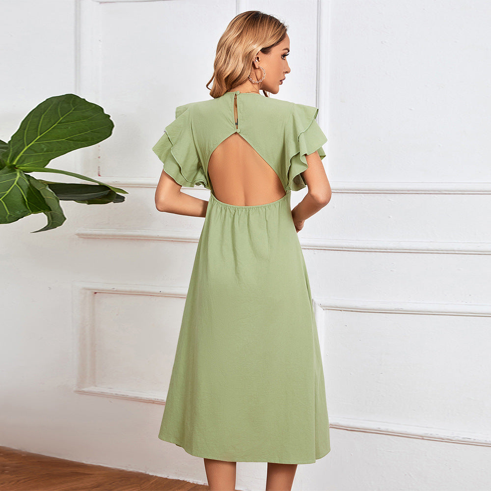 Women's midi dress with voluminous ruffle details and deep V-neck, size