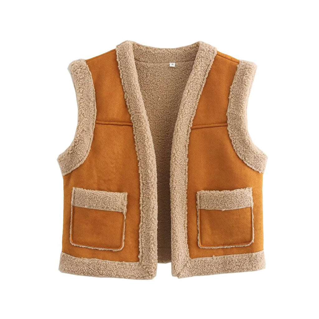 Teddy-Weste für Damen mit praktischen Taschen und hohem Kragen, Größe