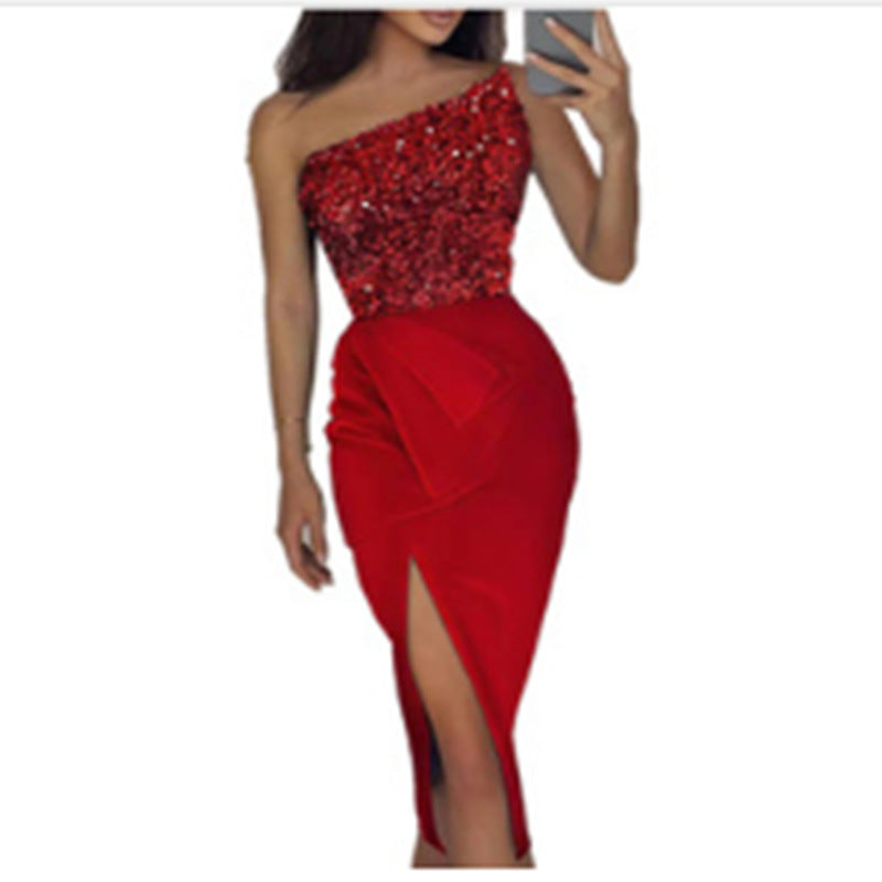 Women's evening dress with asymmetrical design and sparkling sequins, size