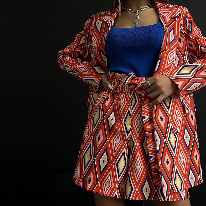 Damen-Blazer- und Short-Set mit geometrischem Muster und verstellbarem Gürtel, Größe [Größe fehlt]