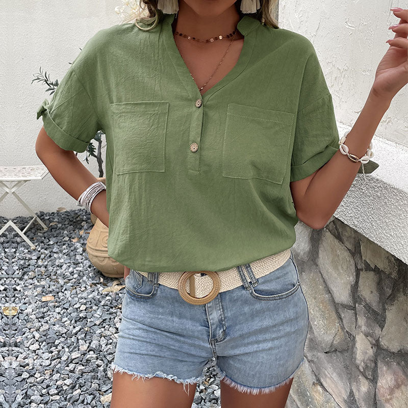 Women's blouse with button-side details and a casual V-neck, size [size missing]