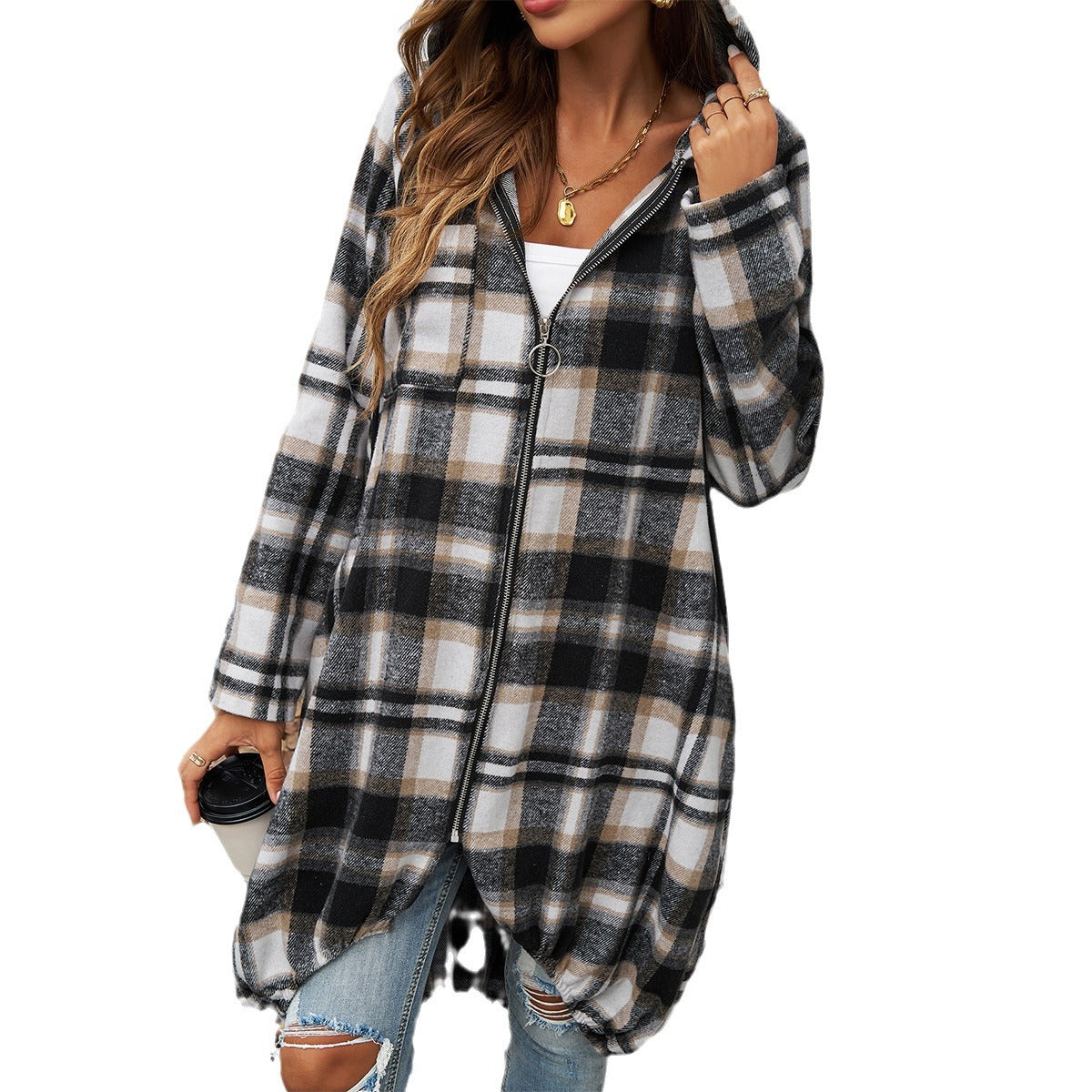 Women's Checked Long Jacket with Hood and Pockets, Size
