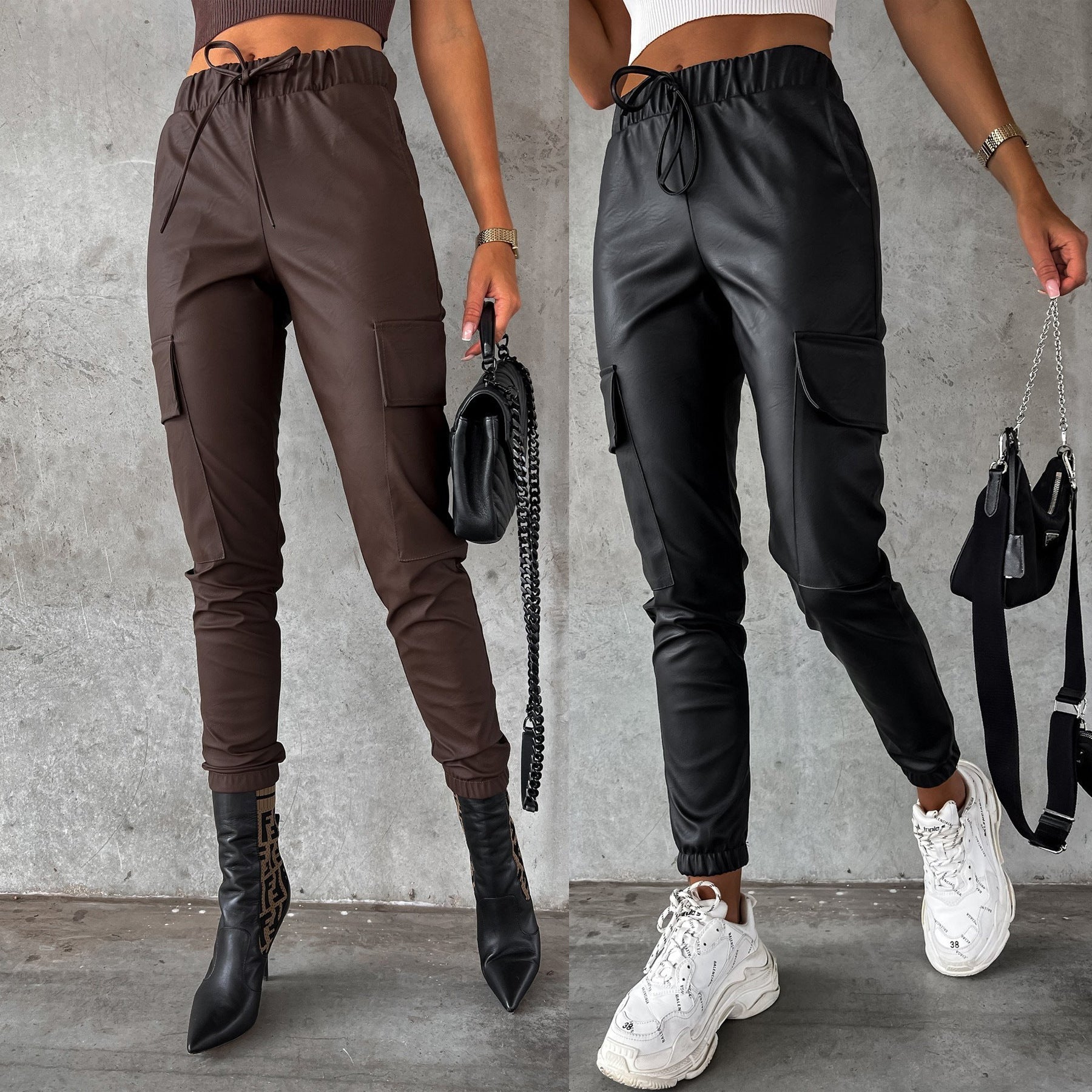 Damen-Jogginghose aus Kunstleder mit praktischen Taschen und elastischem Bund, Größe