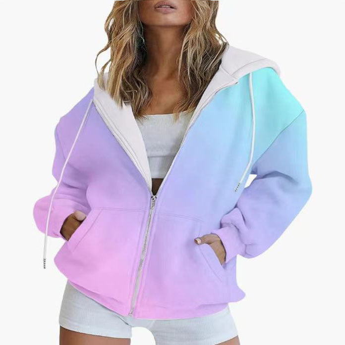 Women's oversized hooded jacket with color gradient and practical pockets, size