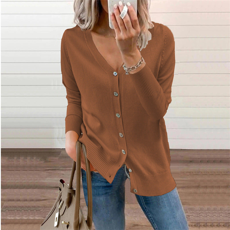 Women's cardigan with modern button details and deep V-neck, size