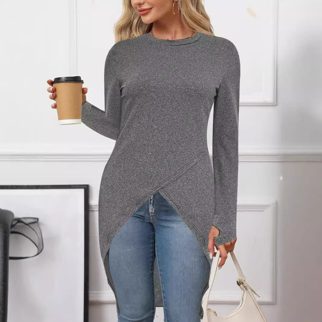 Damen asymmetrisches Longtunikatoberteil mit raffiniertem Wickeldesign, Größe Valenzora