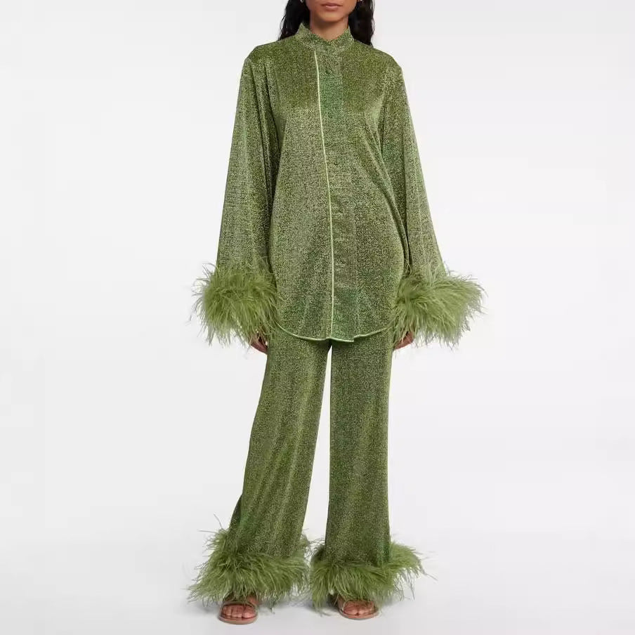Valenzora | Autumn Winter Feather Stand-up Collar Long Sleeve Top and Trousers Set