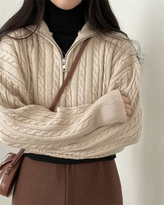 Valenzora Vintage Rollkragen-Reißverschluss-Twist-Strickpullover