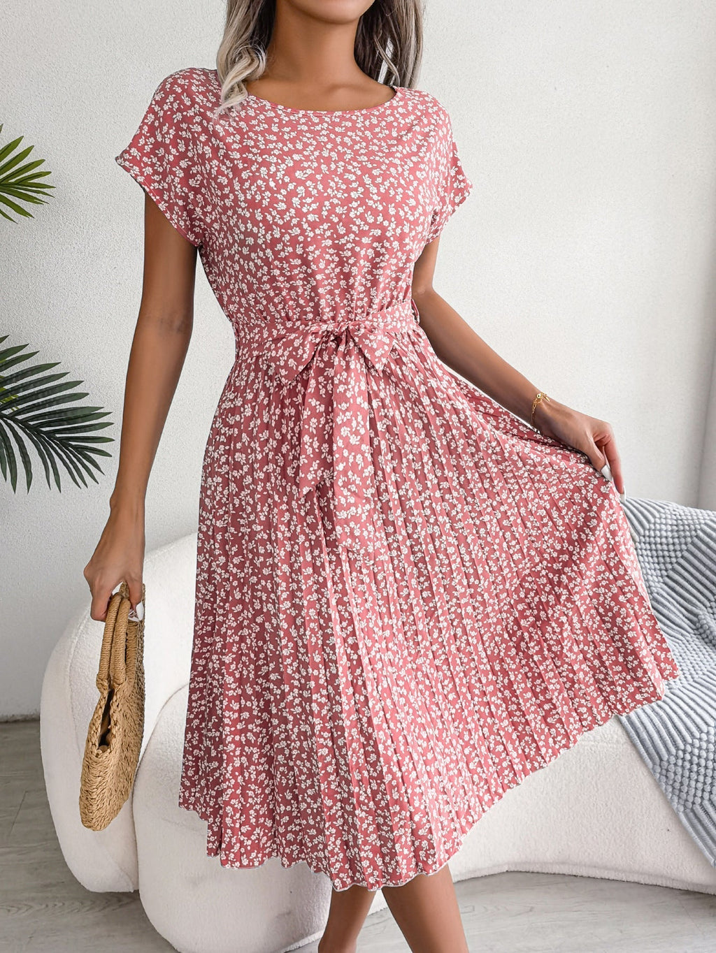 Valenzora | Spring Casual Short Sleeve Floral Large Swing Pleated Skirt