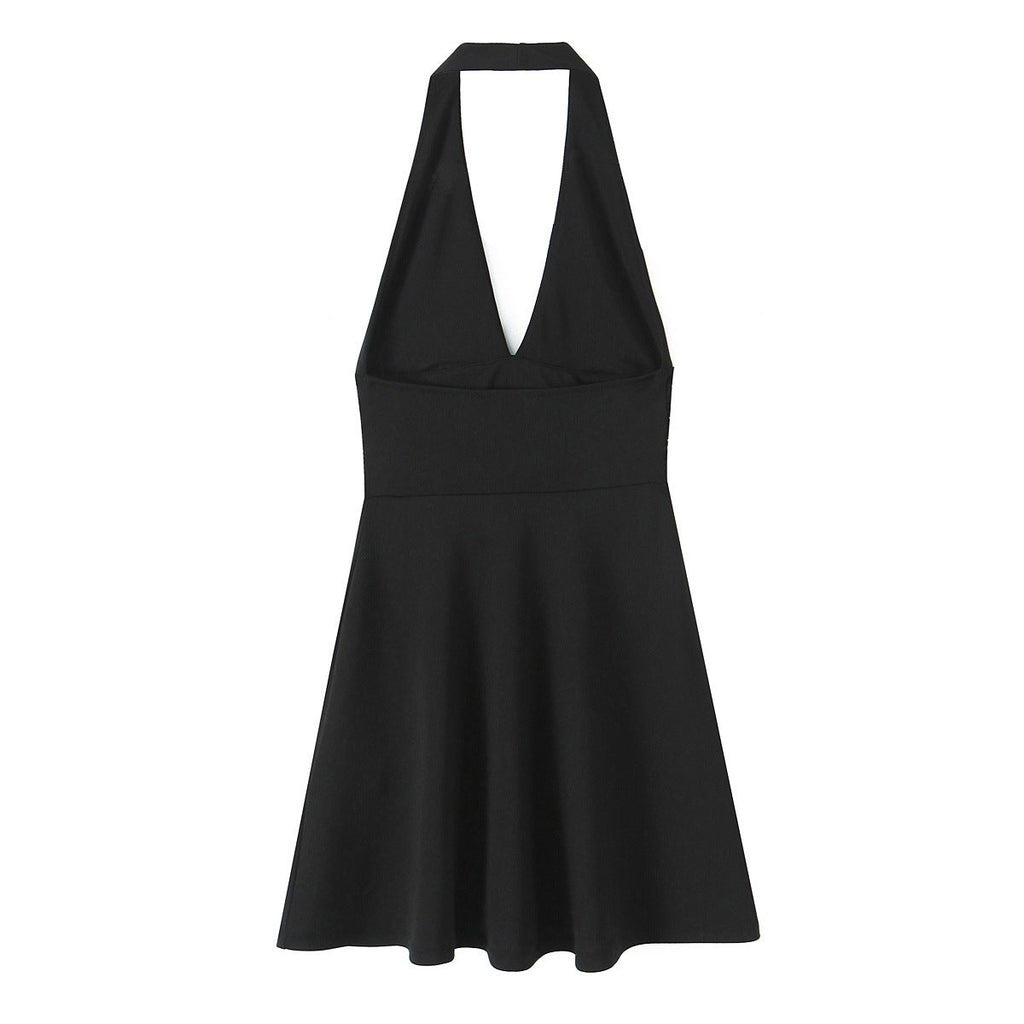 Damen-Neckholderkleid mit tiefem V-Ausschnitt und fließendem Rock, Größe